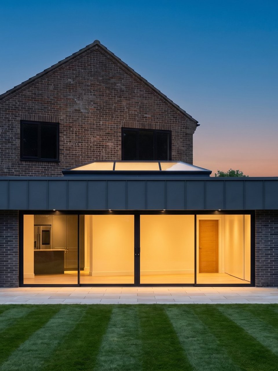 Completed contemporary rear extension in zinc and brick at dusk, warm interior light spilling across the patio and lawn